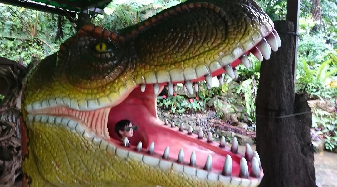DINO恐竜PARKやんばる亜熱帯の森、恐竜の口の中に入る息子