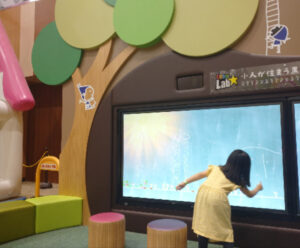 奈良健康ランド内にある室内遊び場『はしゃきっズ』内にある、チームラボ監修の小人が住まう黒板